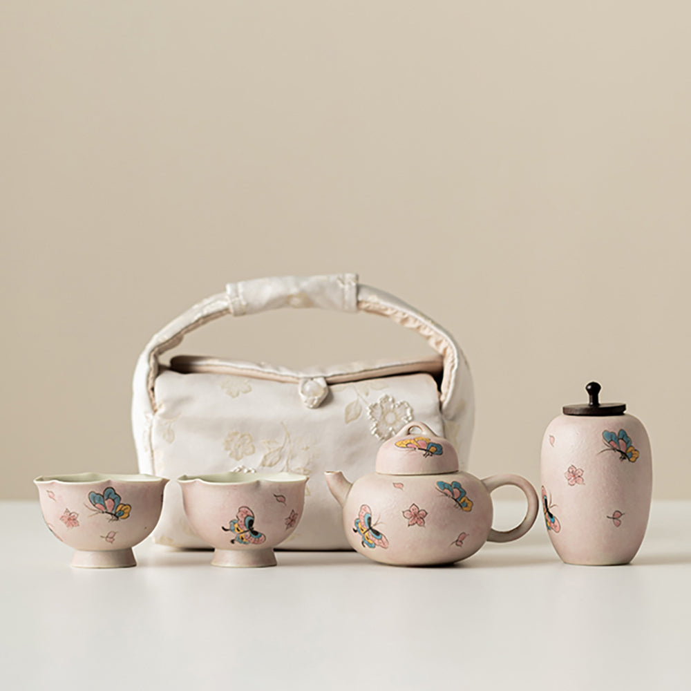 Pink Ceramic Butterfly Travel Tea Set