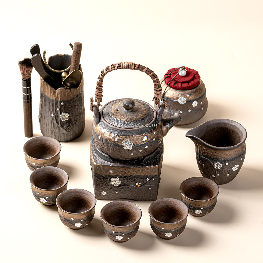 Japanese Pottery Gilded Iron Glaze Plum Blossoms Tea Set