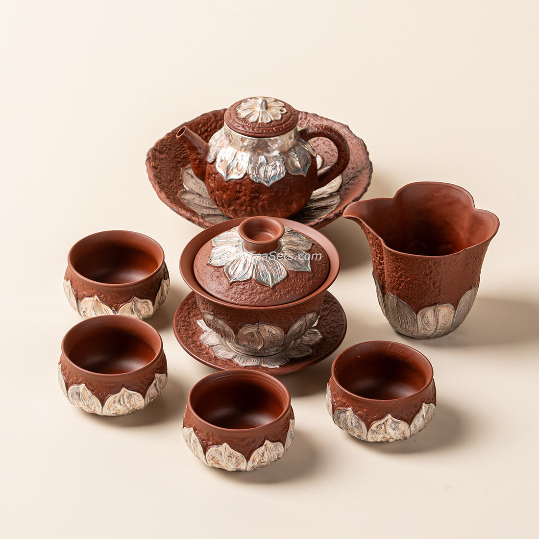 Red Pottery Silver-Gilt Lotus Tea Set