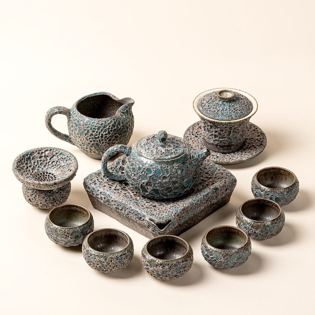 Vintage Bronze Coarse Pottery Wormhole Tea Set