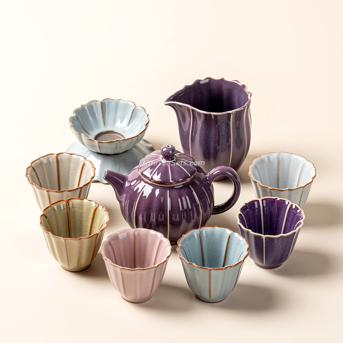 Chinese Jun Kiln Lotus Porcelain Tea Set