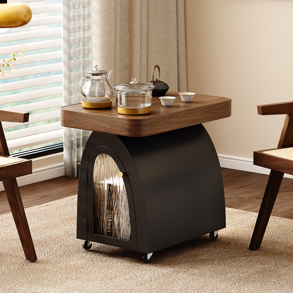 Solid Wood &amp; Carbon Steel Small Movable Tea Table