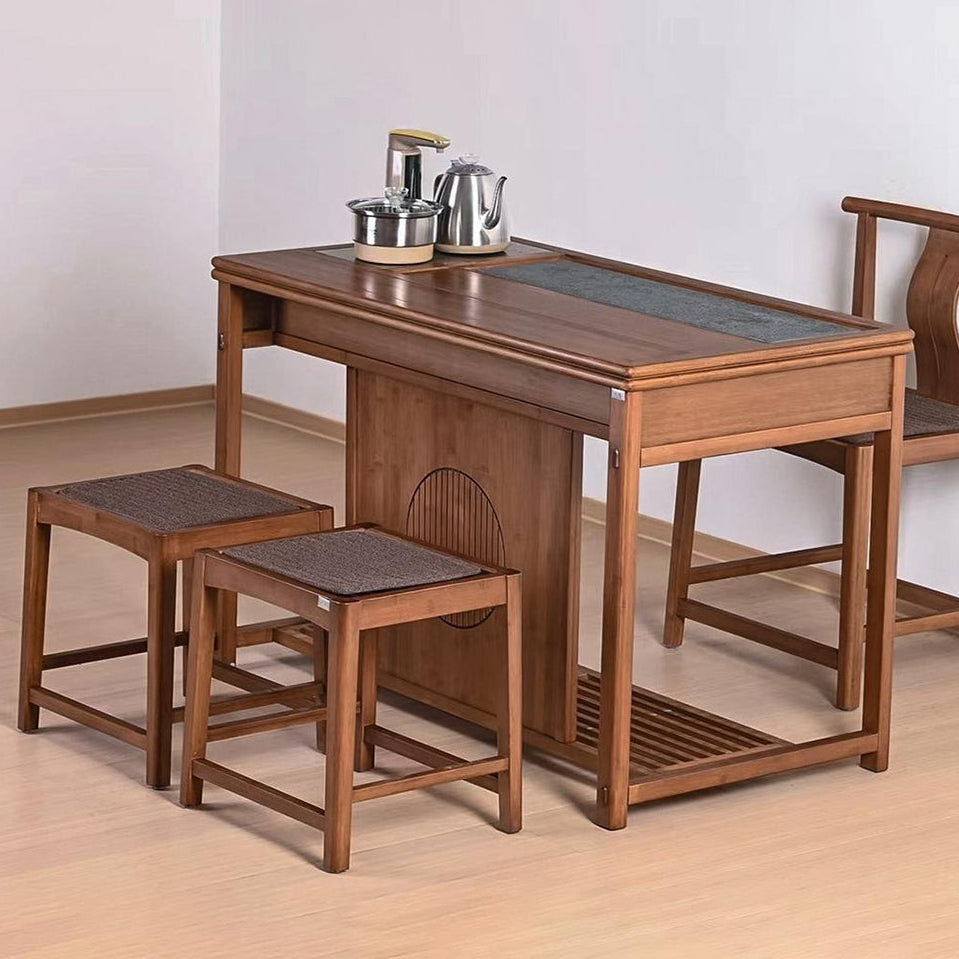 Black Gold Stone Panel Movable Bamboo Tea Table